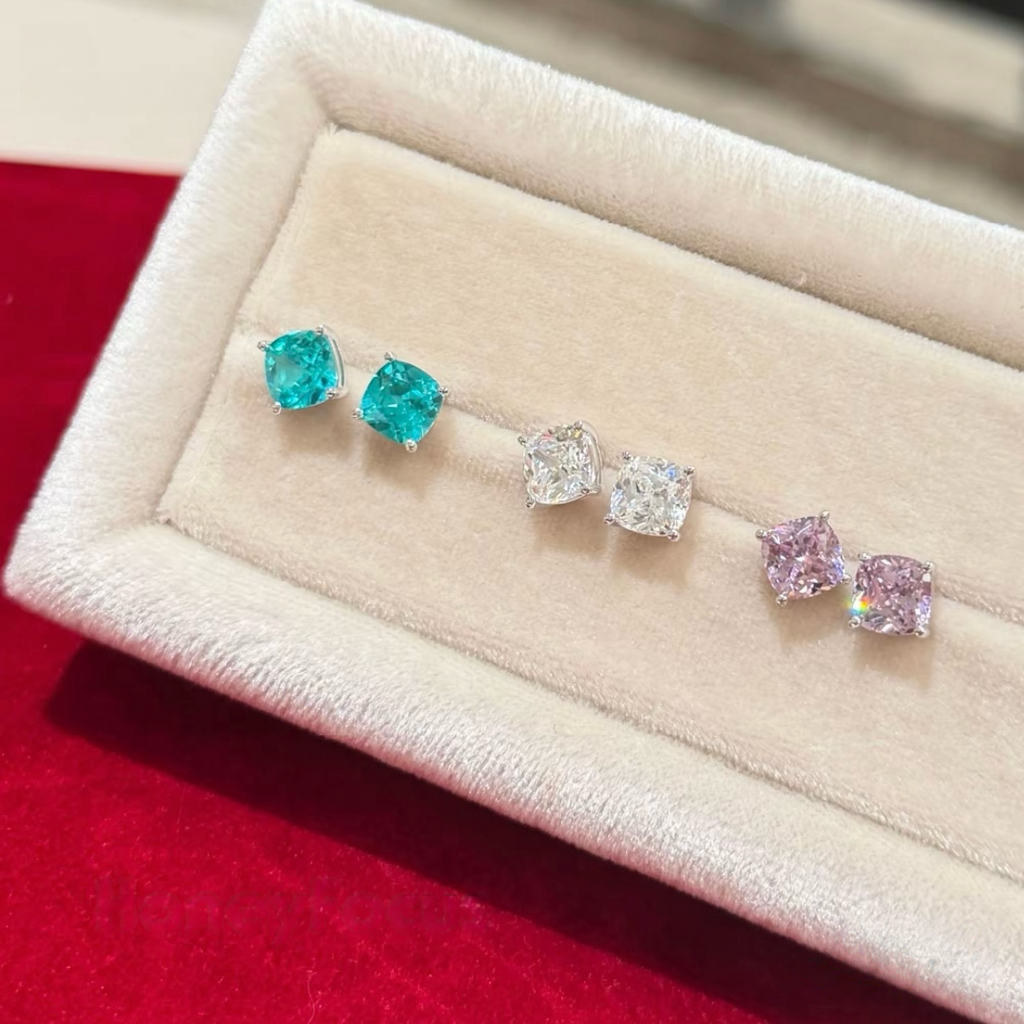 Sterling silver cushion-cut cubic zirconia stud earrings in light purple, white, and blue