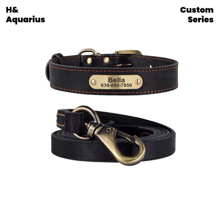 Custom Pet leather dog collar leash cowhide dog tag custom engraving anti-loss golden retriever medium and large dog collar