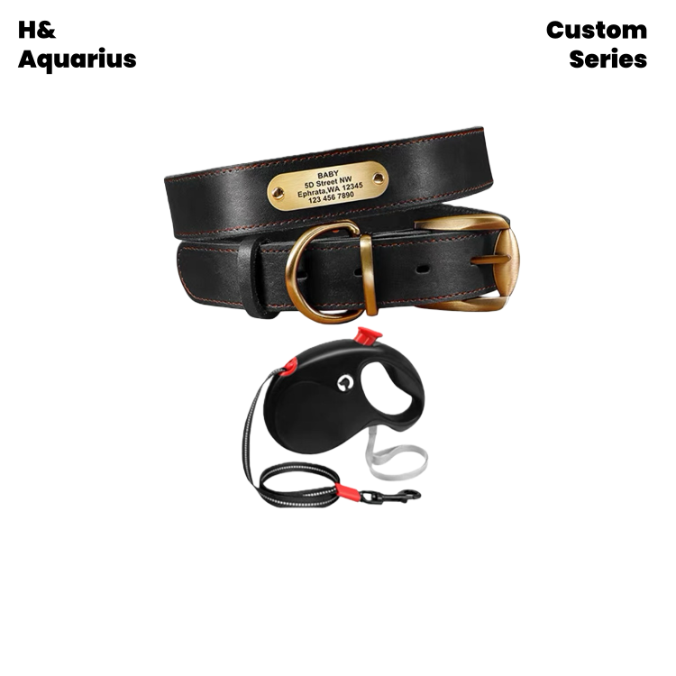 Custom Pet leather dog collar leash cowhide dog tag custom engraving anti-loss golden retriever medium and large dog collar