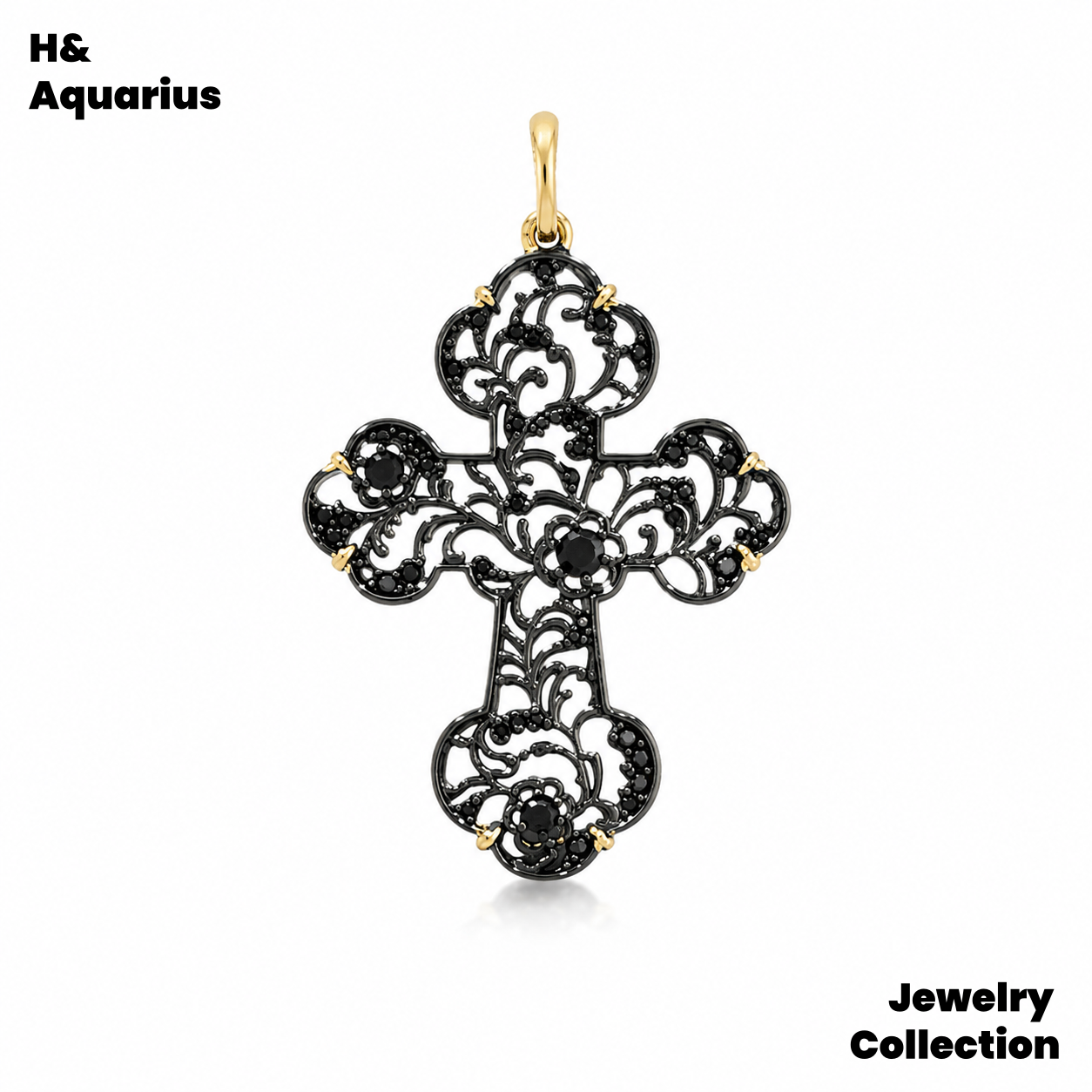 Pendant: 925 Silver Black Gold Hollow Cross Charm - Minimalist Vintage Pendant with Clasp