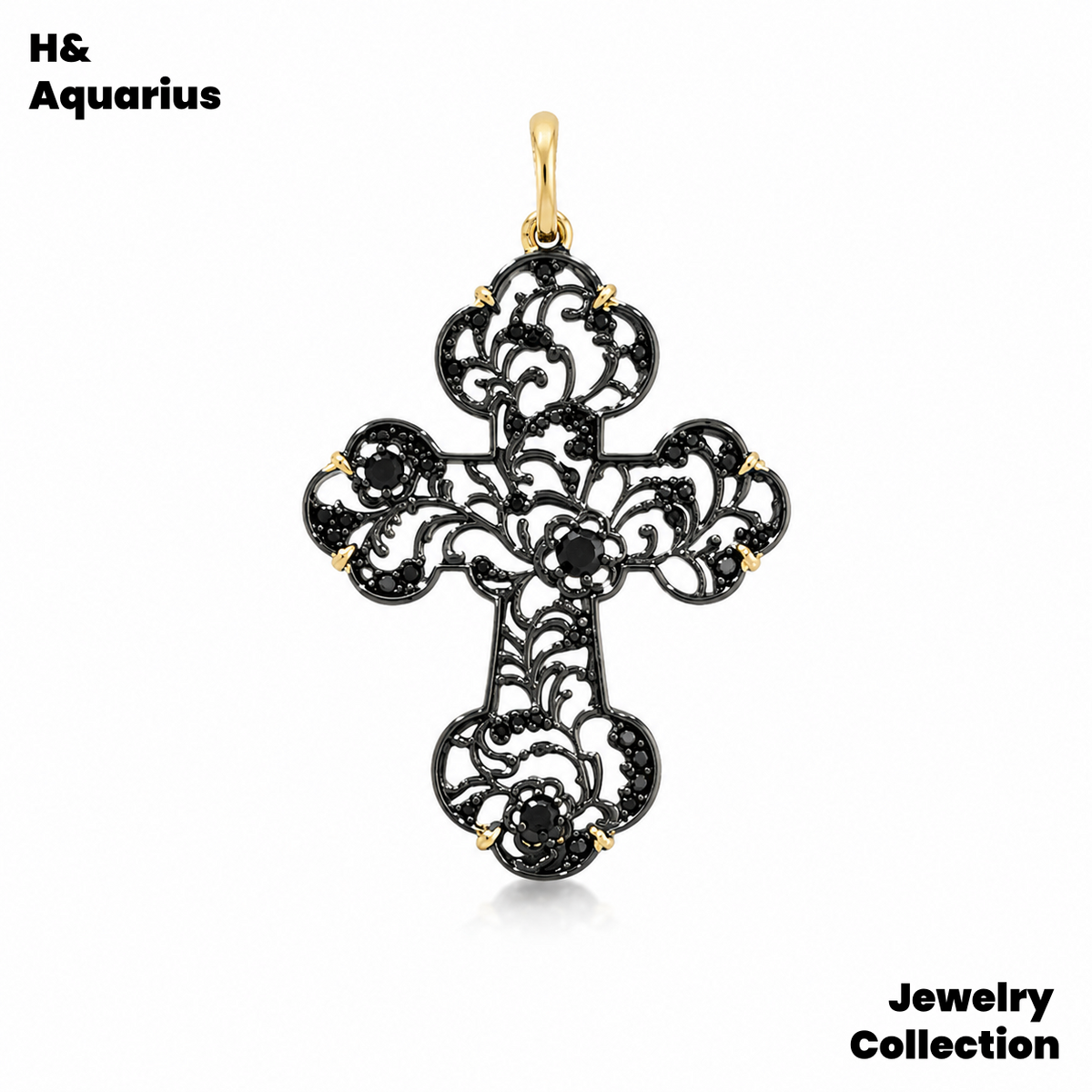 Pendant: 925 Silver Black Gold Hollow Cross Charm - Minimalist Vintage Pendant with Clasp