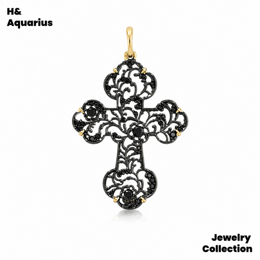 Pendant: 925 Silver Black Gold Hollow Cross Charm - Minimalist Vintage Pendant with Clasp