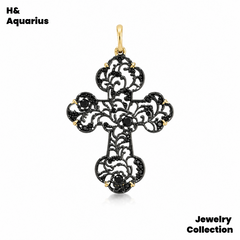 Pendant: 925 Silver Black Gold Hollow Cross Charm - Minimalist Vintage Pendant with Clasp