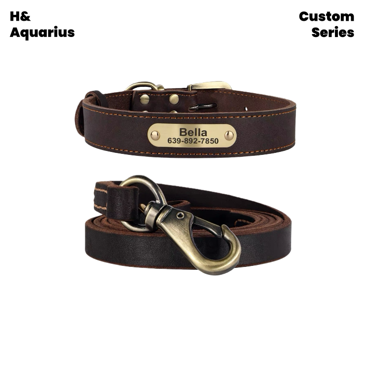 Custom Pet leather dog collar leash cowhide dog tag custom engraving anti-loss golden retriever medium and large dog collar