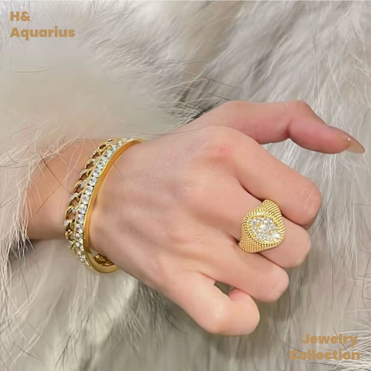 925 Silver & Zirconia Golden Years Ring - Gold Plated Heavy Luxury Vintage Ring for Women