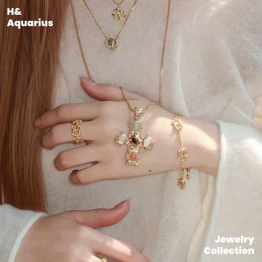 Copper Alloy "Hucares" Gemstone Cross Necklace - Heavy Natural Stone Long Layering Chain