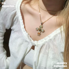 Copper Alloy "Hucares" Gemstone Cross Necklace - Heavy Natural Stone Long Layering Chain