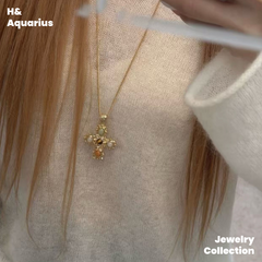 Copper Alloy "Hucares" Gemstone Cross Necklace - Heavy Natural Stone Long Layering Chain