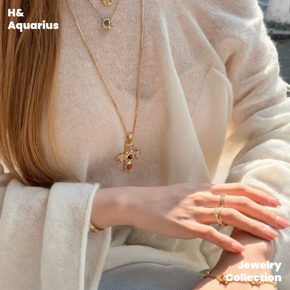 Copper Alloy "Hucares" Gemstone Cross Necklace - Heavy Natural Stone Long Layering Chain