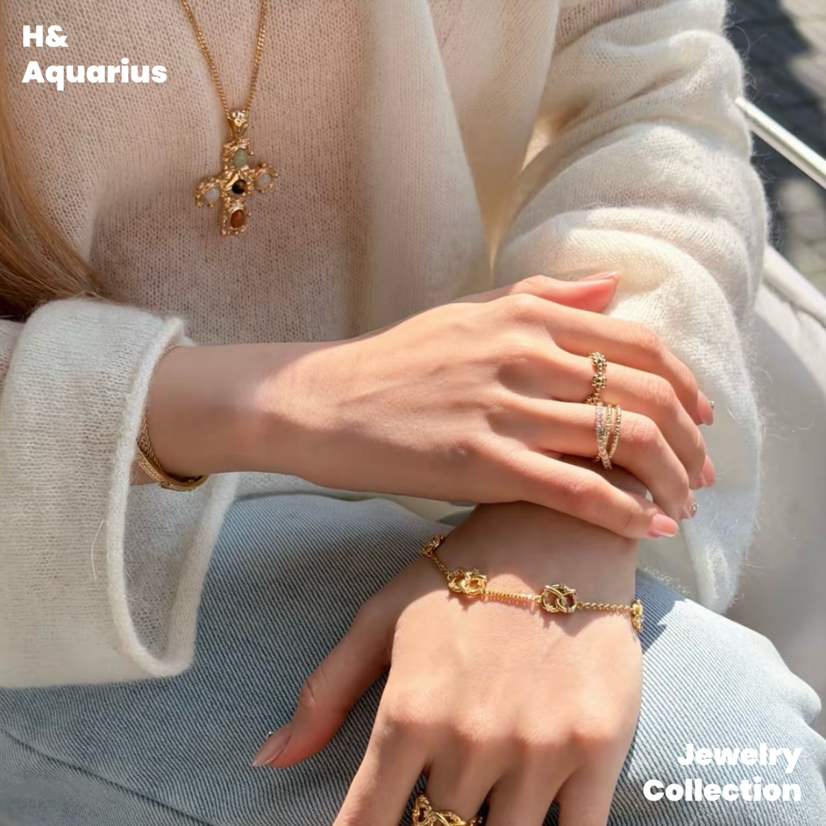 Copper Alloy "Hucares" Gemstone Cross Necklace - Heavy Natural Stone Long Layering Chain