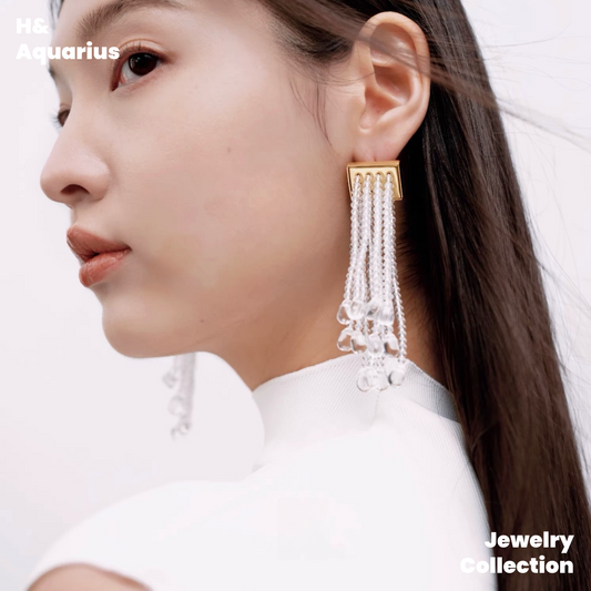 Copper Alloy & Glass Glossy Waterfall Tassel Earrings - Clear Dangle Chandelier Earrings