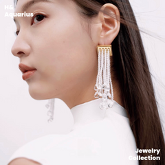 Copper Alloy & Glass Glossy Waterfall Tassel Earrings - Clear Dangle Chandelier Earrings