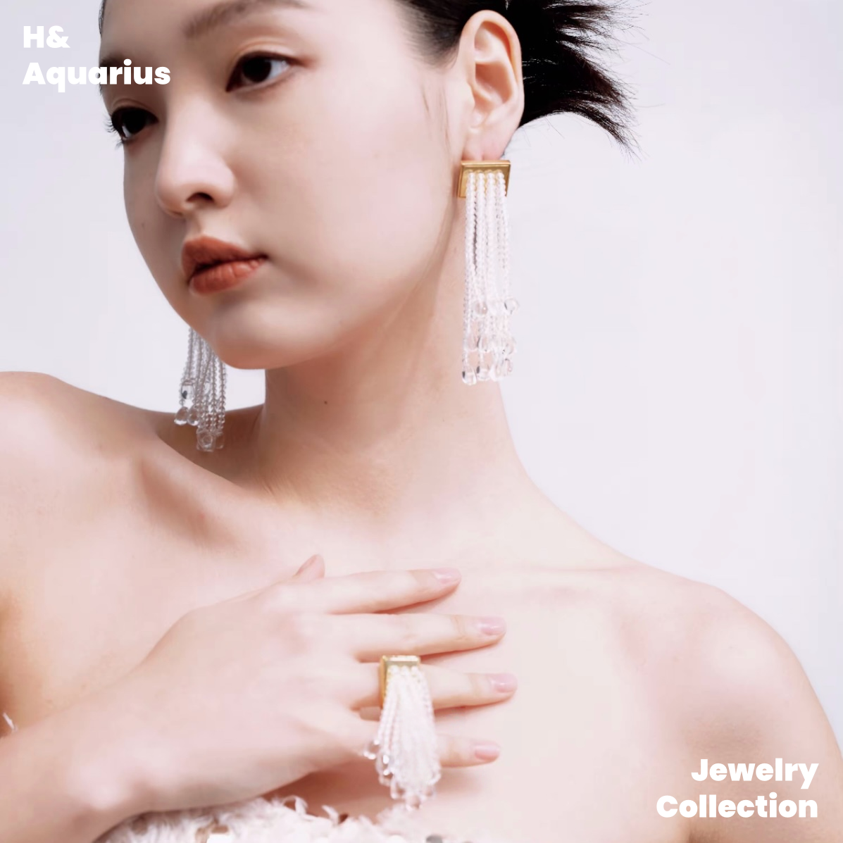 Copper Alloy & Glass Glossy Waterfall Tassel Earrings - Clear Dangle Chandelier Earrings