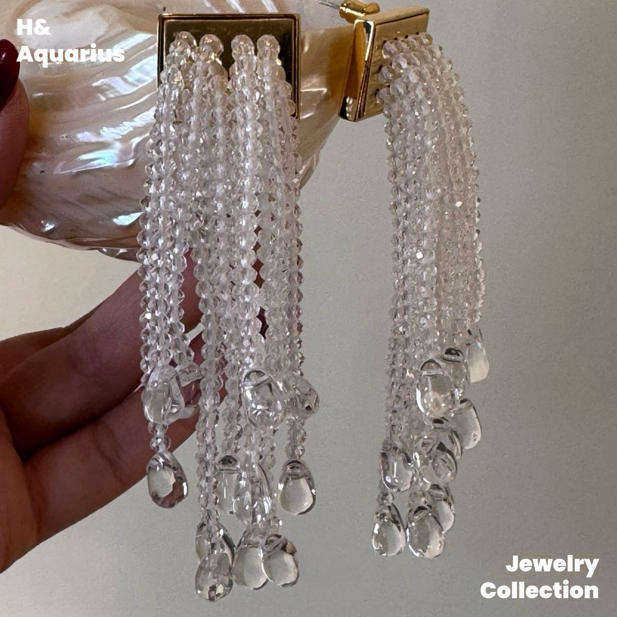 Copper Alloy & Glass Glossy Waterfall Tassel Earrings - Clear Dangle Chandelier Earrings