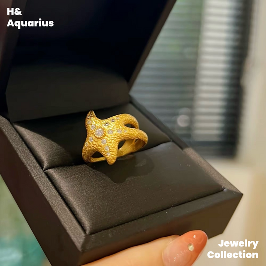 925 Silver & Zirconia Starfish Ring - Gold Plated Minimalist Coastal Statement Ring