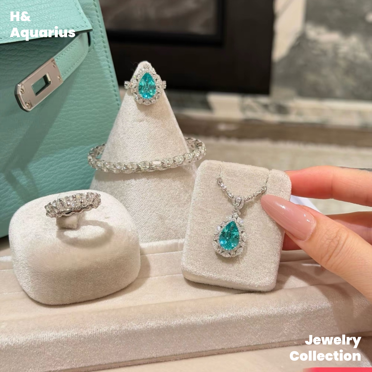 Synthetic YAG Tears of Poseidon Pendant/Ring - 925 Silver Lab-Created Spring Summer Minimalist Jewelry Set