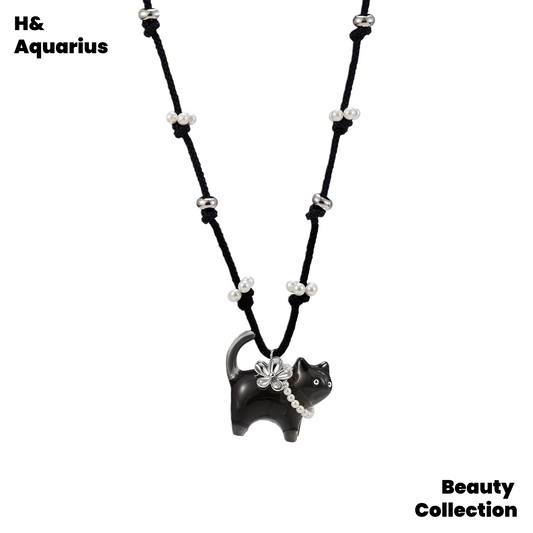 Cat & Pearl Beaded Necklace - Minimalist Knitwear Chain Birthday Gift for Her