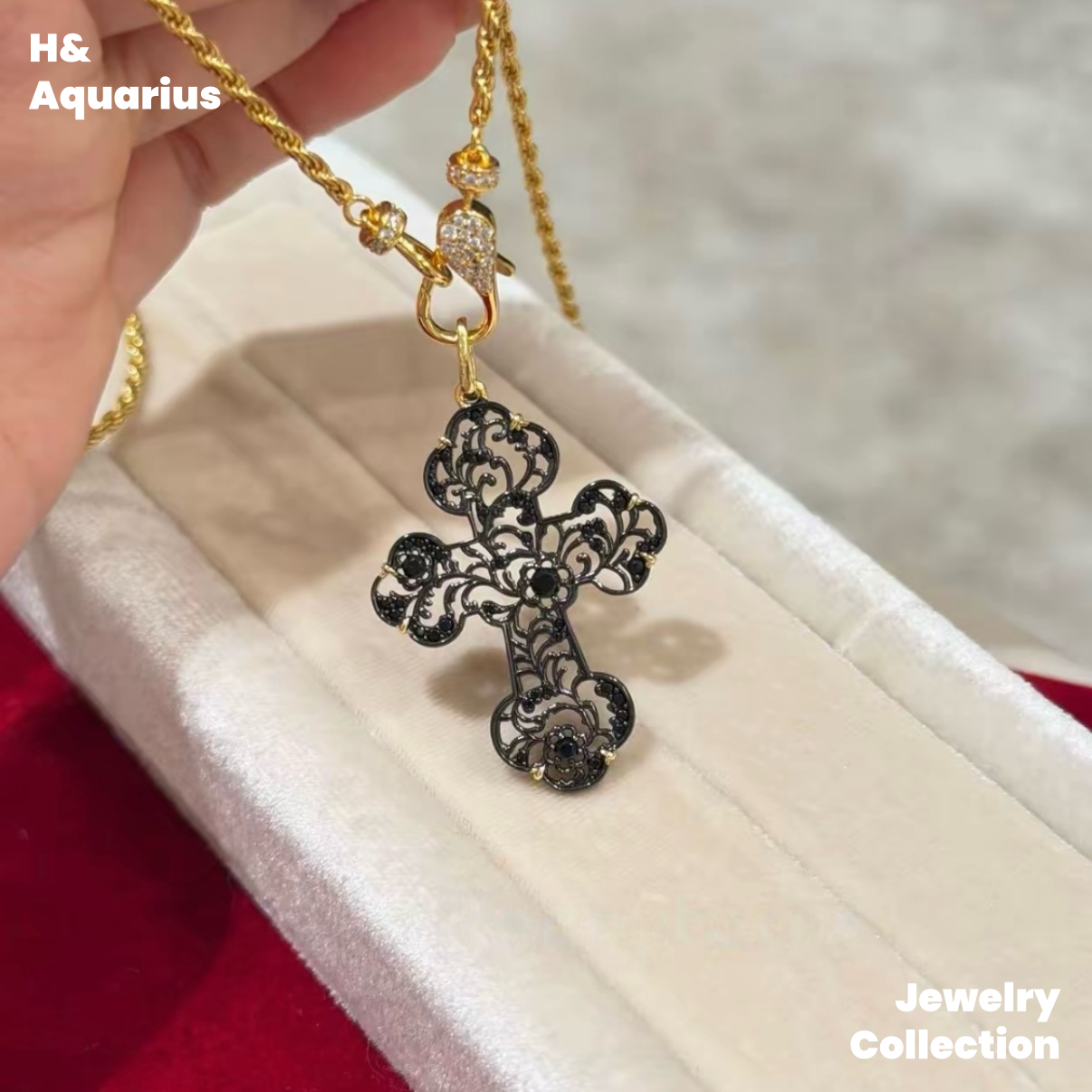 Pendant: 925 Silver Black Gold Hollow Cross Charm - Minimalist Vintage Pendant with Clasp