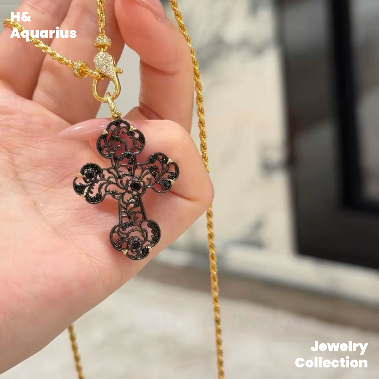 Pendant: 925 Silver Black Gold Hollow Cross Charm - Minimalist Vintage Pendant with Clasp