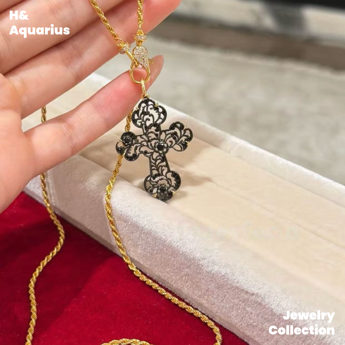 Pendant: 925 Silver Black Gold Hollow Cross Charm - Minimalist Vintage Pendant with Clasp