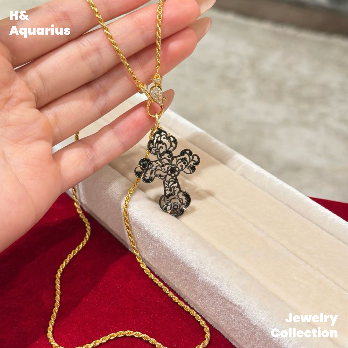 Pendant: 925 Silver Black Gold Hollow Cross Charm - Minimalist Vintage Pendant with Clasp