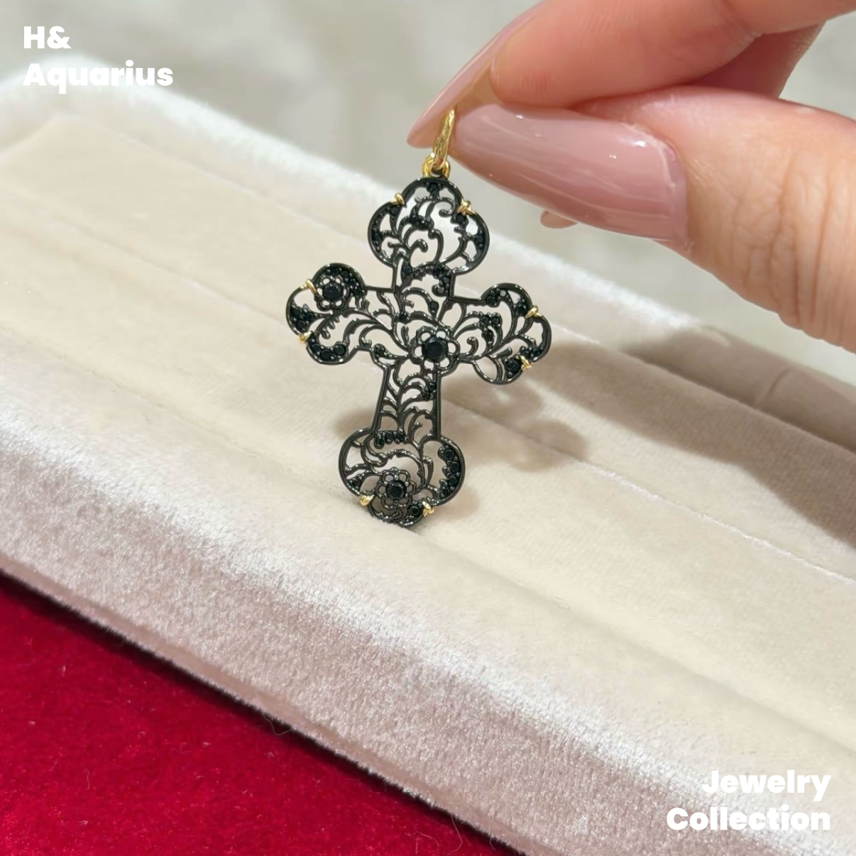 Pendant: 925 Silver Black Gold Hollow Cross Charm - Minimalist Vintage Pendant with Clasp