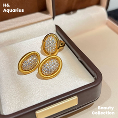 925 Silver & Zirconia Bathtub Ring/Earrings - Gold Plated Vintage Luxury Jewelry Set