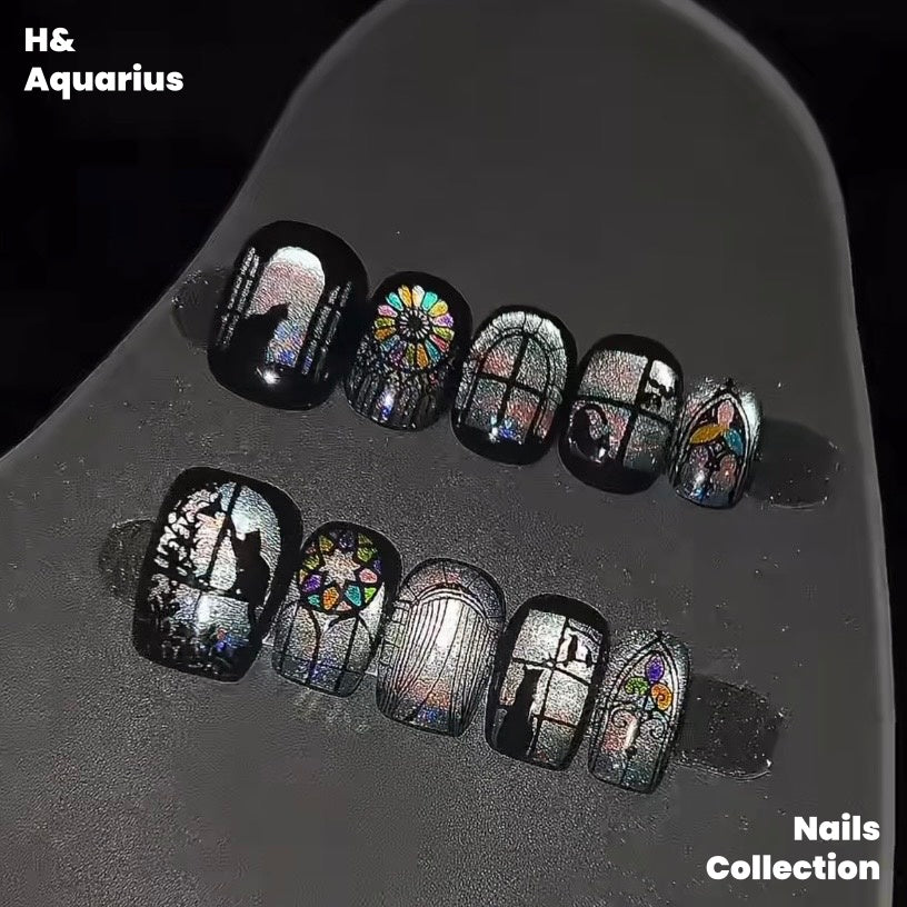 【In Stock】Cathedral Window ¡¤ Black Cat Sunset Stained Glass Cat Nail Art - Handmade Press-On Nails