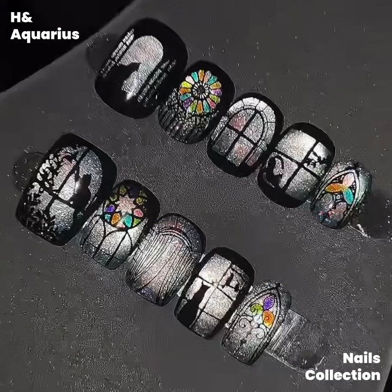 【In Stock】Cathedral Window ¡¤ Black Cat Sunset Stained Glass Cat Nail Art - Handmade Press-On Nails