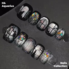 【In Stock】Cathedral Window ¡¤ Black Cat Sunset Stained Glass Cat Nail Art - Handmade Press-On Nails
