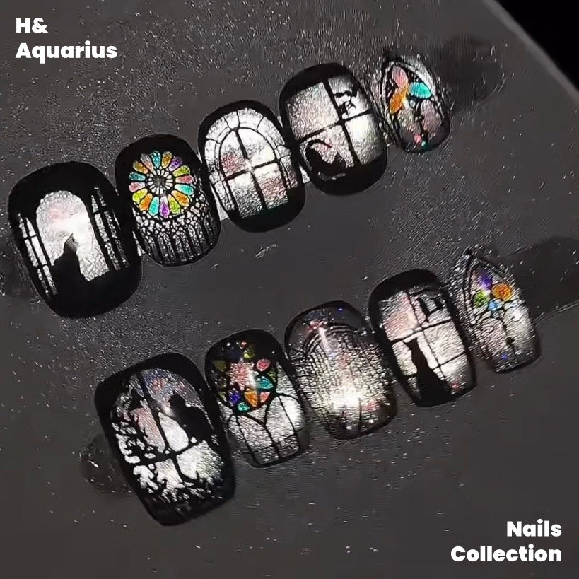 【In Stock】Cathedral Window ¡¤ Black Cat Sunset Stained Glass Cat Nail Art - Handmade Press-On Nails