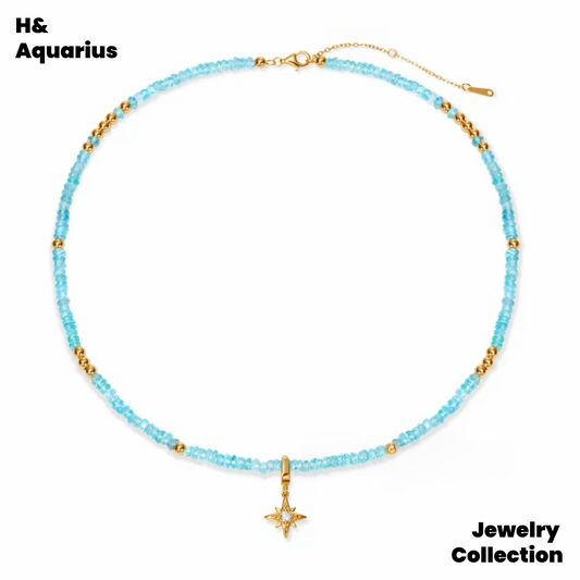 925 Silver & Zirconia Four-Pointed Star Necklace - Blue Handmade Colorful New Arrival