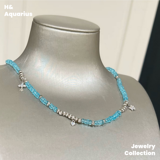925 Silver & Zirconia Blue Wave Necklace - Elegant Handmade Summer Chain for Women