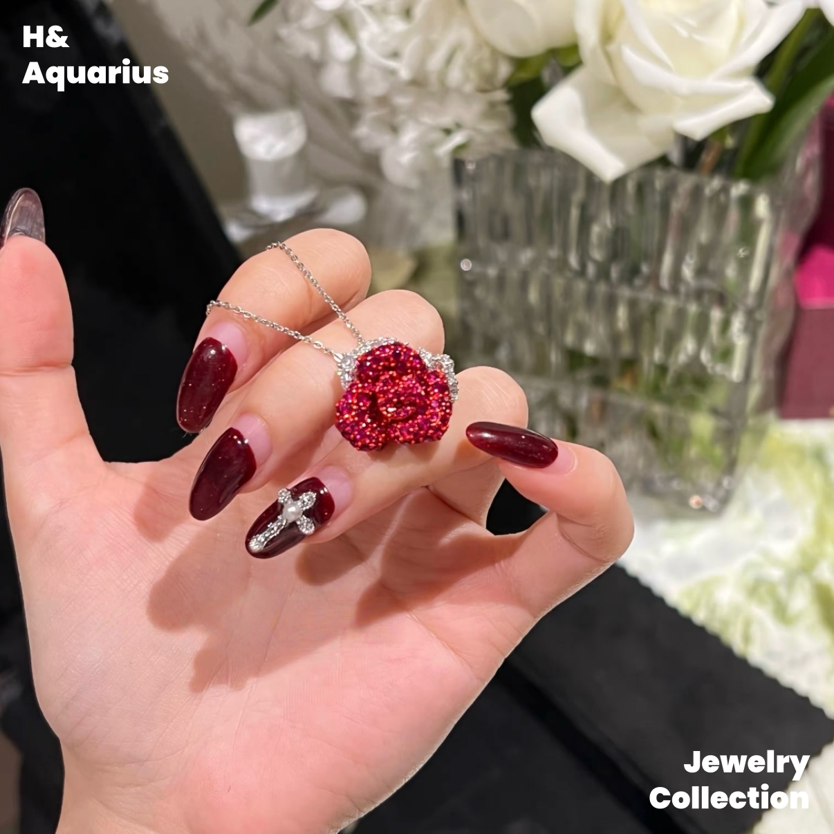 925 Silver & Zirconia Red Rose Necklace - Silver Luxury Sweet Princess Style Chain