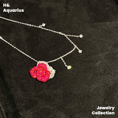 925 Silver & Zirconia Red Rose Necklace - Silver Luxury Sweet Princess Style Chain