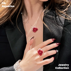 925 Silver & Zirconia Red Rose Necklace - Silver Luxury Sweet Princess Style Chain