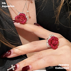 925 Silver & Zirconia Red Rose Necklace - Silver Luxury Sweet Princess Style Chain