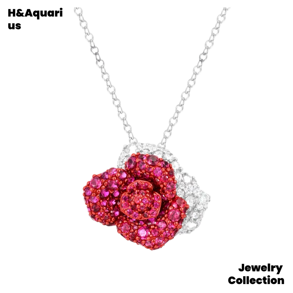 925 Silver & Zirconia Red Rose Necklace - Silver Luxury Sweet Princess Style Chain