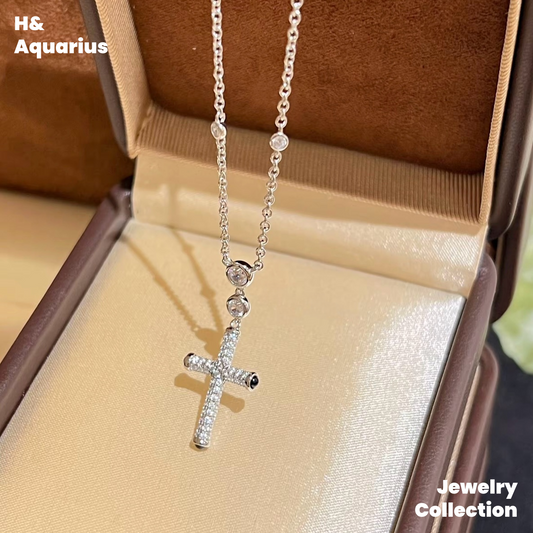 Pendant: 925 Silver & Zirconia Bubble Cross Necklace - Korean Style Minimalist Pav¨¦ Chain for Women