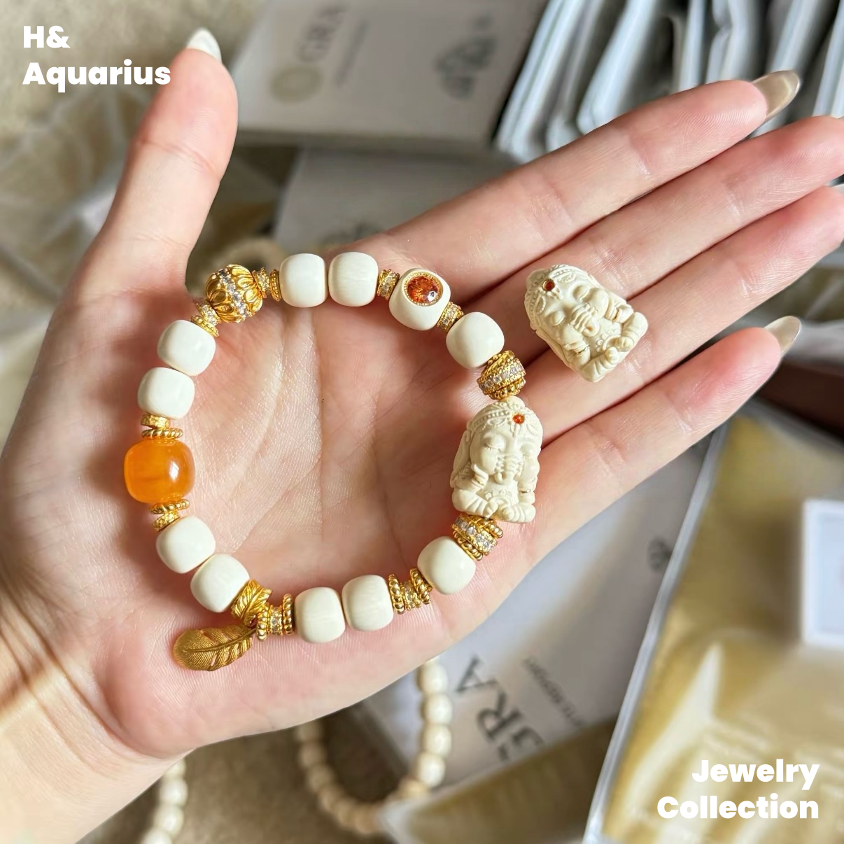Cream Elephant Bracelet - Chinese Ethnic Style Natural Mammoth Bead DIY Jewelry