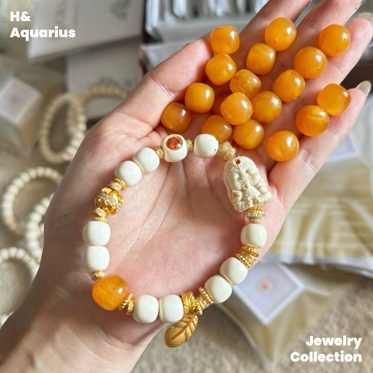 Cream Elephant Bracelet - Chinese Ethnic Style Natural Mammoth Bead DIY Jewelry
