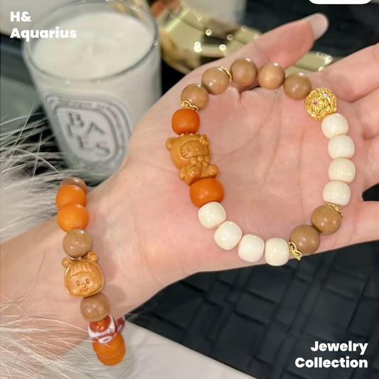Cat Head / Duoduo Girl Bracelet - Natural Amber New Chinese Style Casual Bead Chain