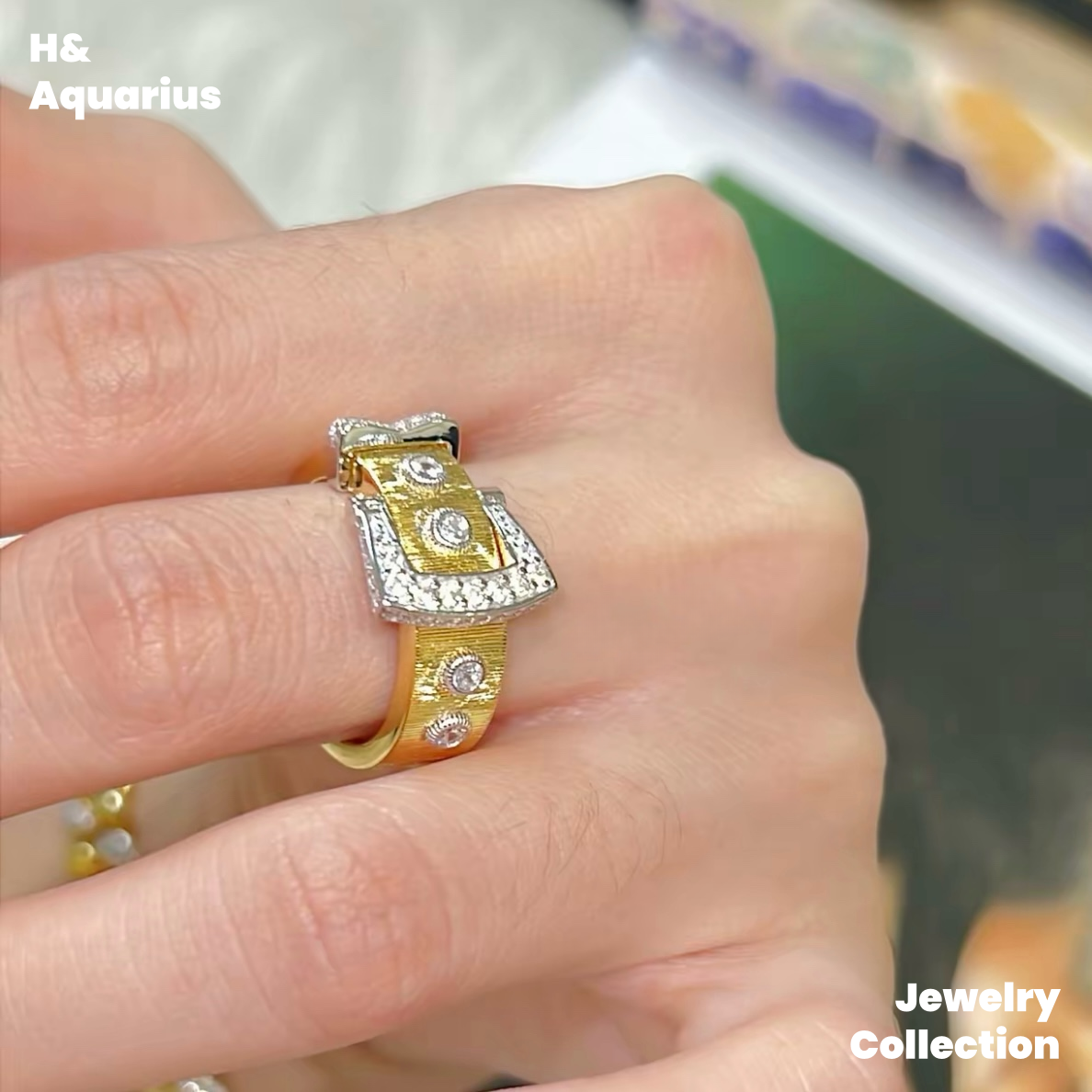 925 Silver & Zirconia Buckle Ring - Gold Plated Minimalist Statement Ring