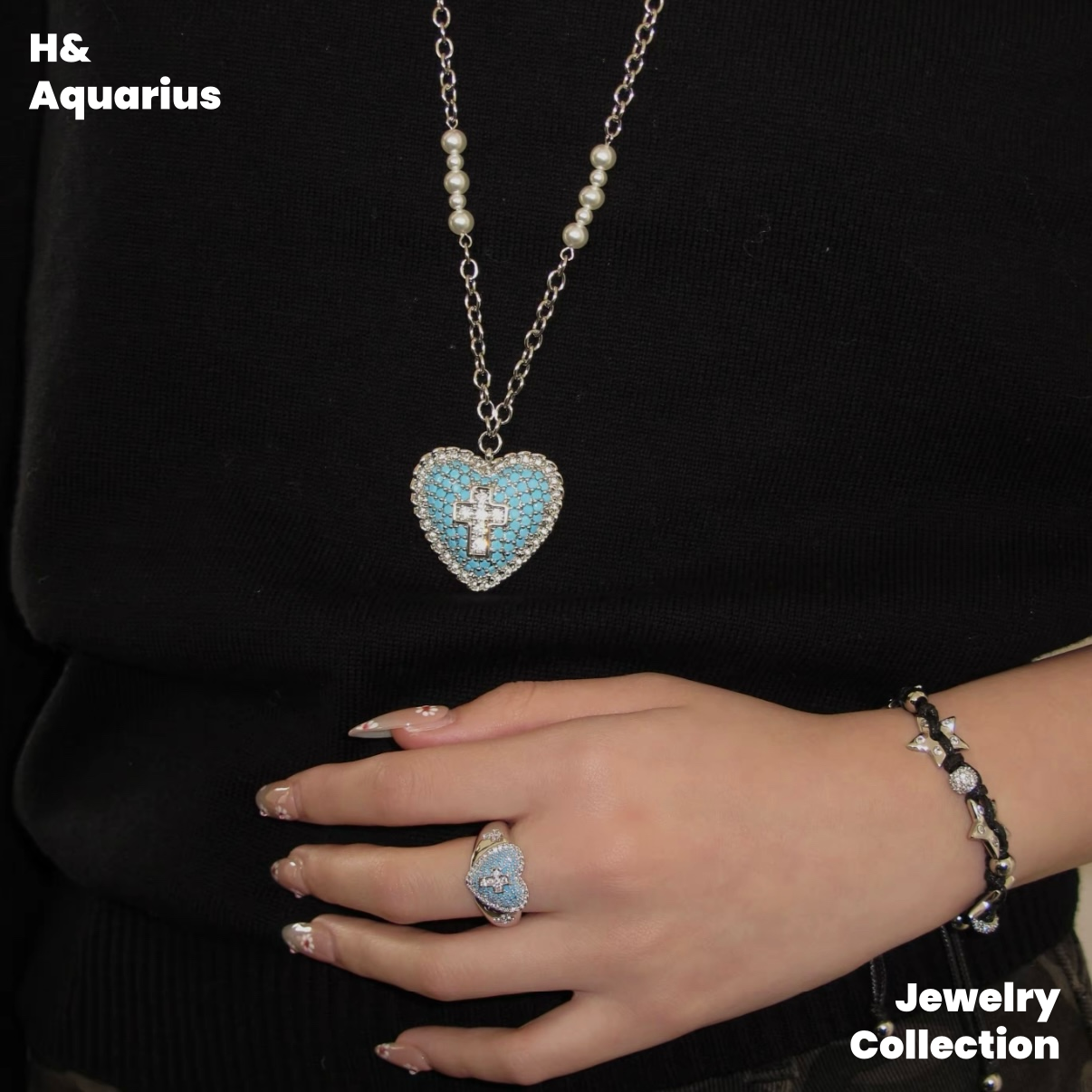 Brass Necklace - Blue Eden Cross Pendant Long Chain for Sweater