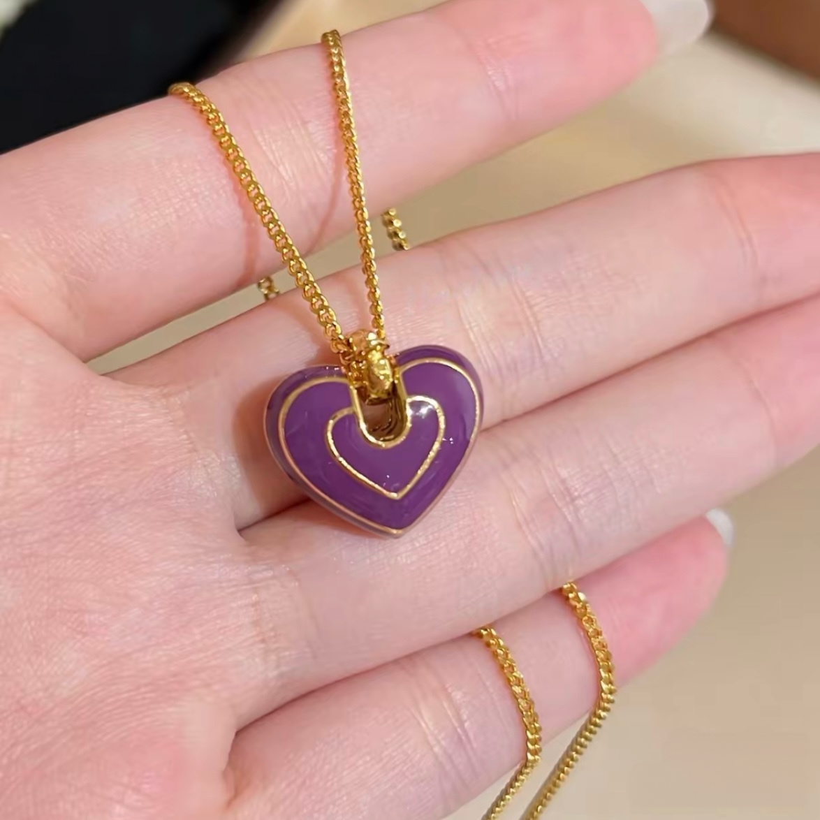 Purple Heart Enamel Pendant Necklace