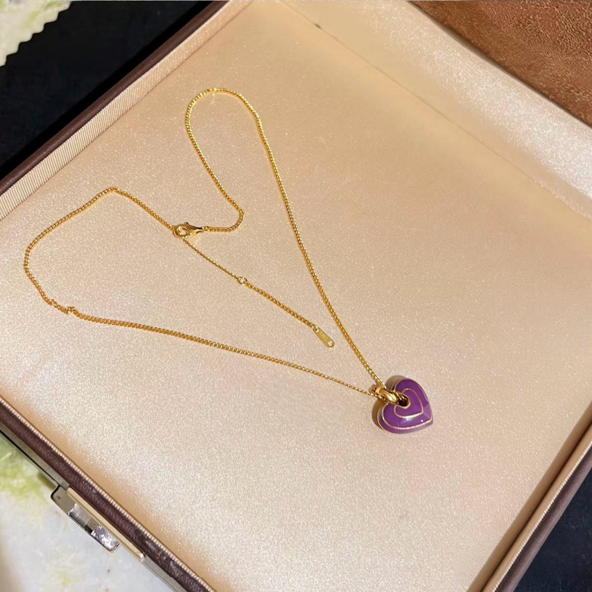 Purple Heart Enamel Pendant Necklace