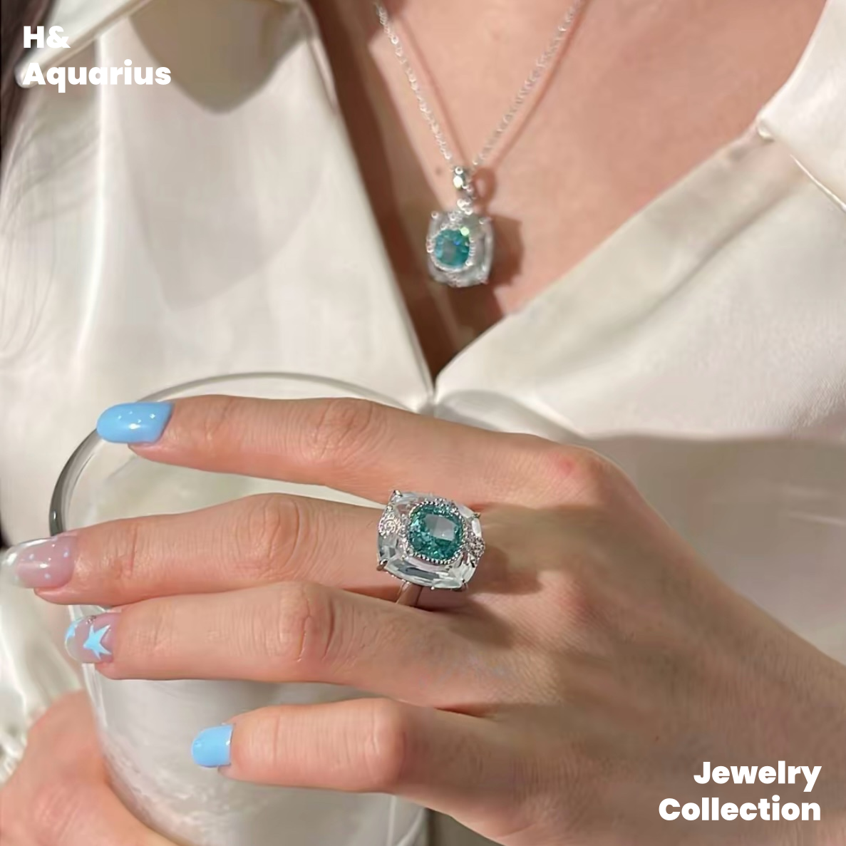 Ice Clear Aquamarine Ring and Necklace - 925 Silver Natural Crystal Minimalist Luxury Pendant