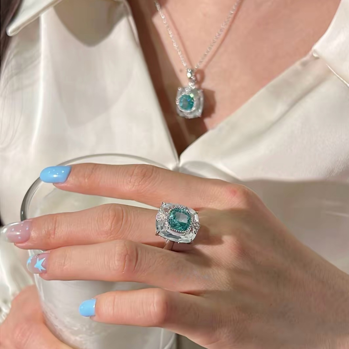 Aqua Ice Crystal Pendant Necklace