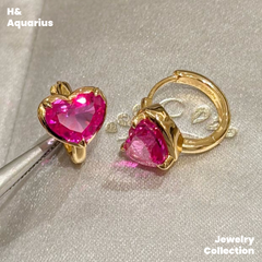 925 Silver & Zirconia Berry Heart Earrings - Pink Luxury Minimalist Hoops for Women