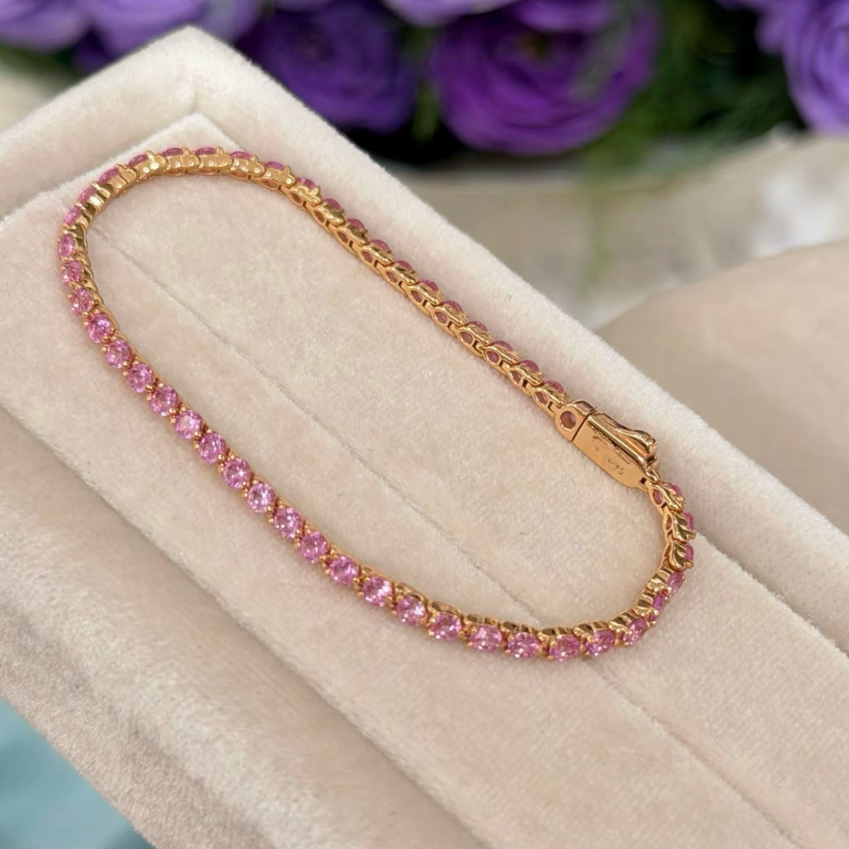 2.5 mm champagne-tone tennis bracelet with round pink cubic zirconia stones in 18K gold-plated sterling silver